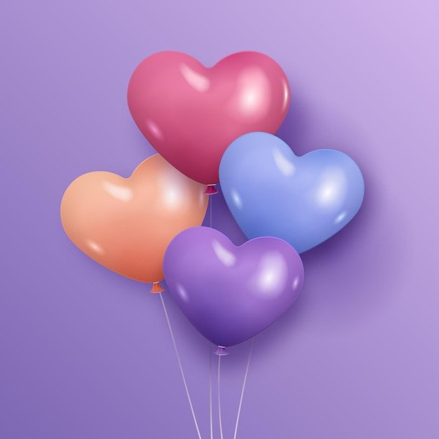 Cuatro globos brillantes en forma de corazón en rosa, naranja, azul y púrpura flotando contra un fondo púrpura
