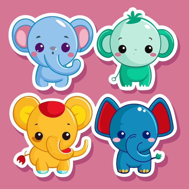 Cuatro hermosos elefantes de dibujos animados con diferentes colores y características en fondo rosa