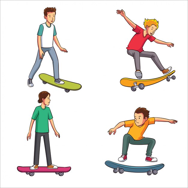 Cuatro hombres jóvenes con varios estilos de skate.