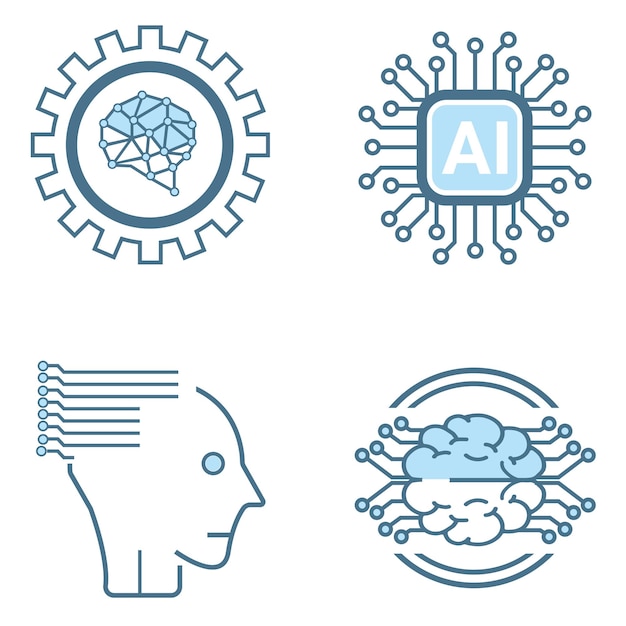 Cuatro icono de IA inteligente AI y red de computación robótica y en la nube vector de tecnología de IA digital