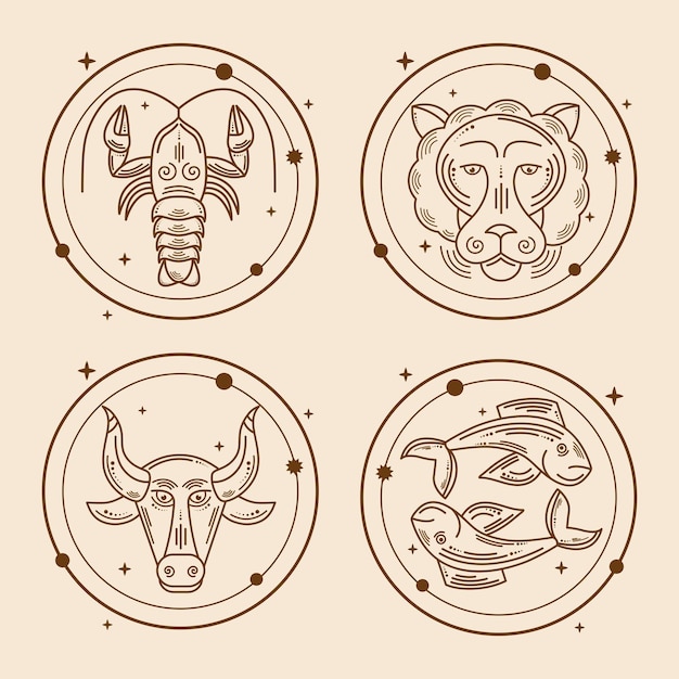 Vector cuatro iconos de conjunto de zodiaco dorado