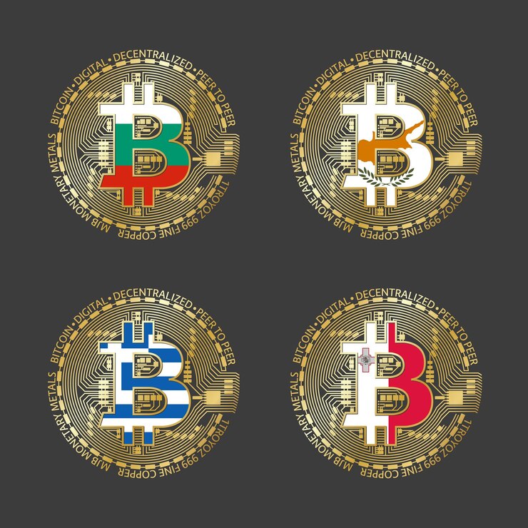 Vector cuatro íconos dorados de bitcoin con banderas de bulgaria, chipre, grecia y malta símbolo de tecnología de criptomonedas íconos de dinero digital vectorial aislados en fondo gris