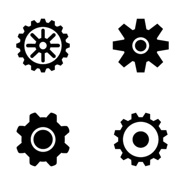 Cuatro íconos de engranajes simples en fondo blanco