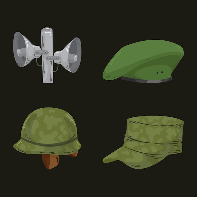 Vector cuatro iconos de equipo militar