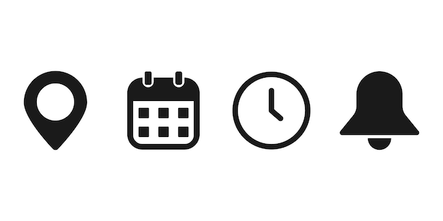 Cuatro iconos negros ubicación reloj de calendario y campana de notificación