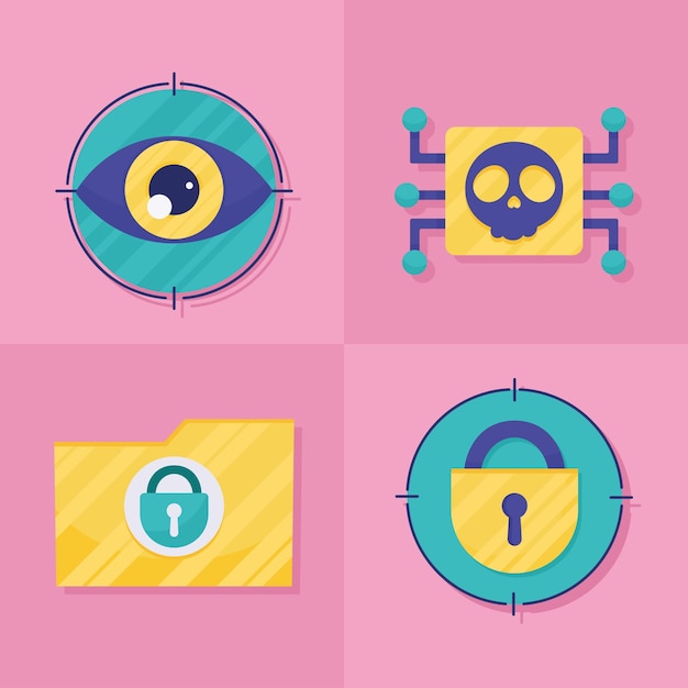 Vector cuatro iconos de seguridad cibernética