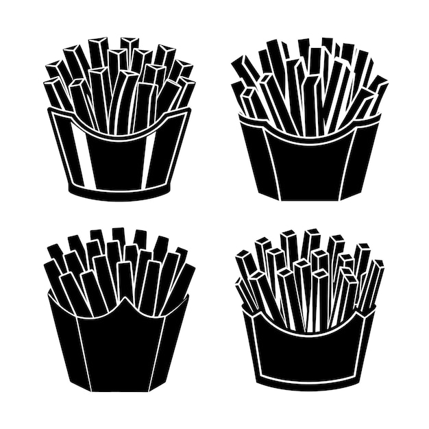 Cuatro ilustraciones en blanco y negro de papas fritas en cajas de comida para llevar
