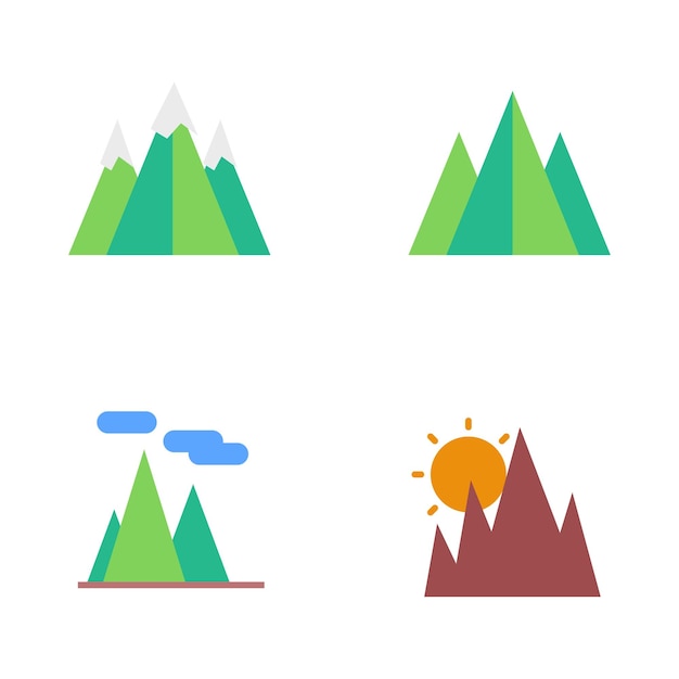 Cuatro ilustraciones coloridas de montañas con sol y nubes