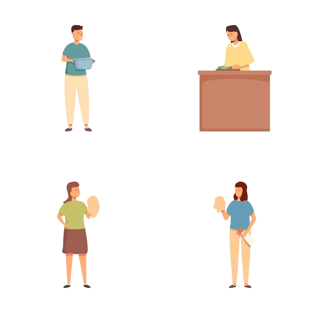 Cuatro ilustraciones de personas con comida y utensilios de cocina