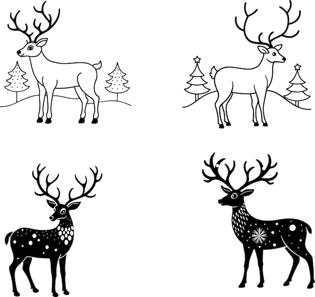 Cuatro ilustraciones de renos Diseño del bosque de invierno