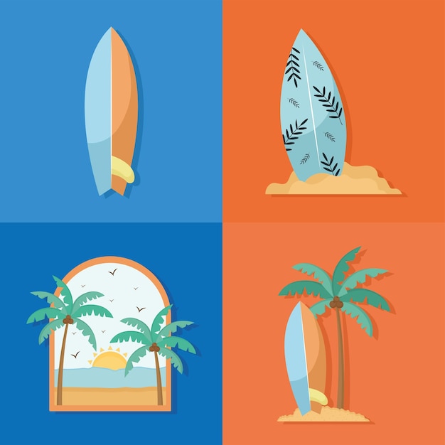 Cuatro ilustraciones de surf