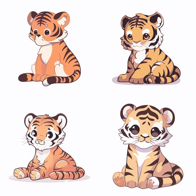 Vector cuatro ilustraciones de tigre sobre un fondo blanco.