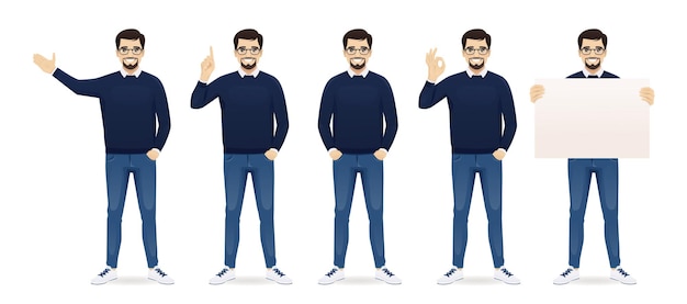 Vector cuatro imágenes diferentes de un hombre con un suéter azul y vaqueros