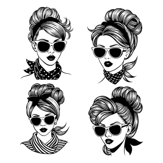 Cuatro juegos de imágenes de mujeres con gafas de sol y una bufanda T-shirt