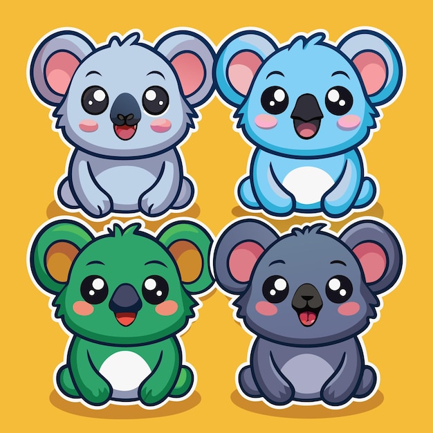 Cuatro koalas de dibujos animados de diferentes colores