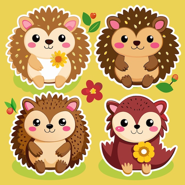 Cuatro lindos erizos de dibujos animados con flores