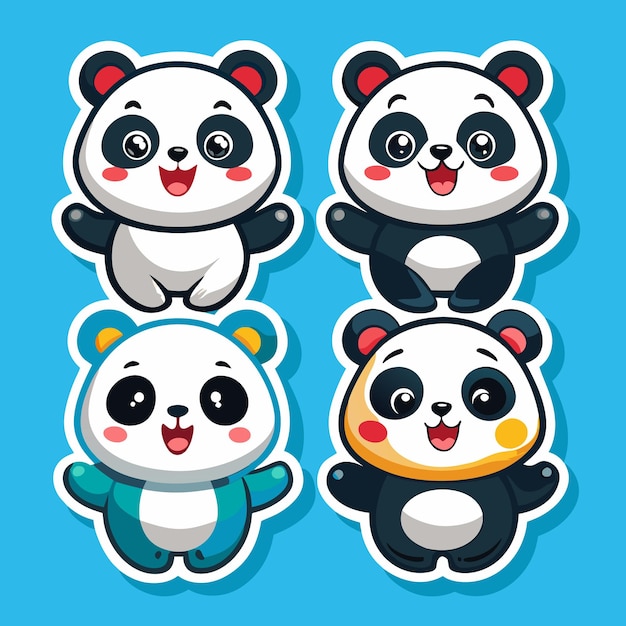 Cuatro lindos pandas de dibujos animados en diferentes colores