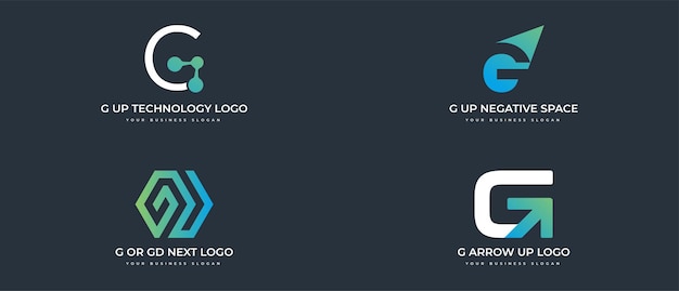 Cuatro logotipos alternativos iniciales g con los símbolos superior y siguiente