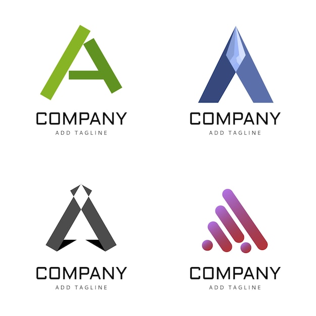 Cuatro logotipos coloridos y variados de la Compañía que esperan los eslóganes