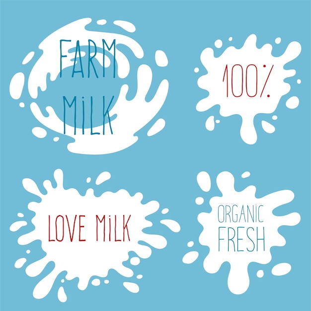 Cuatro logotipos diferentes para leche diferente y leche de amor.
