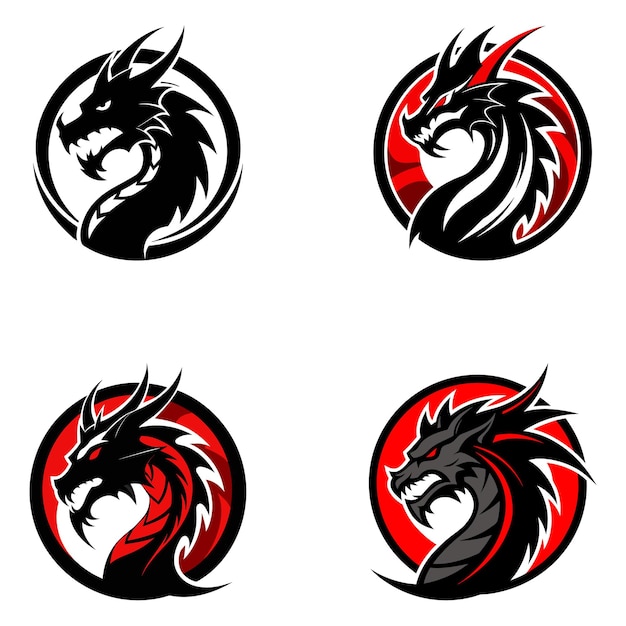 Cuatro logotipos de dragones feroces en negro y rojo set de emblemas de bestias míticas en negrita
