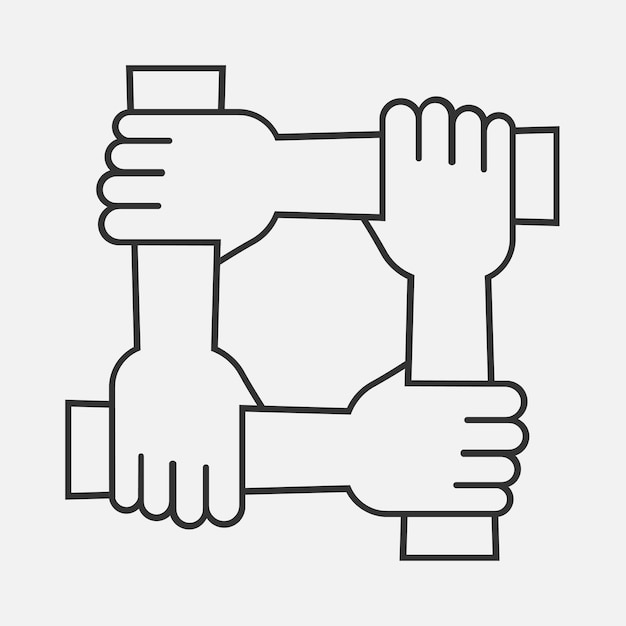 Cuatro manos se mantienen juntas para la muñeca otras Cuatro manos conectadas Símbolo de unión aislado sobre fondo blanco Ilustración vectorial