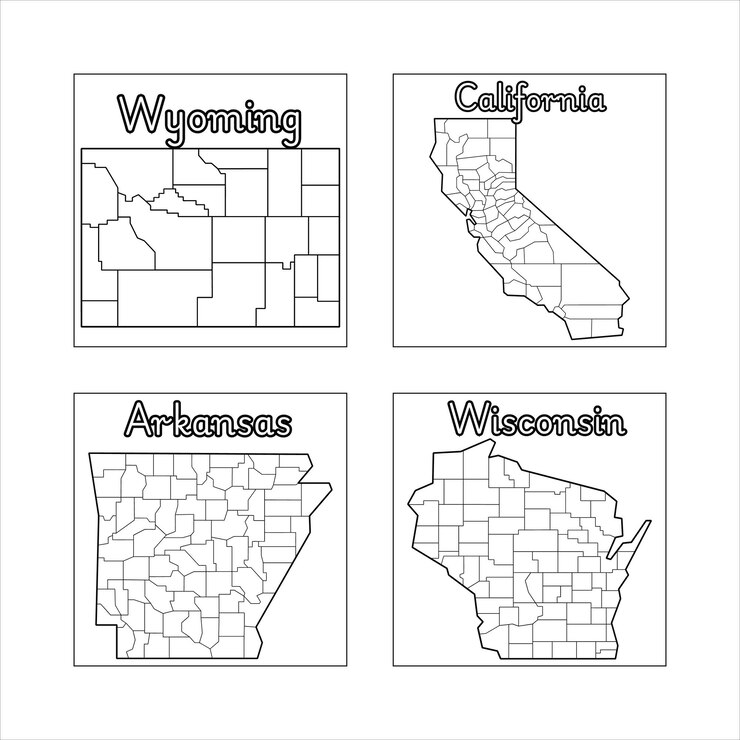 Vector cuatro mapas de estados de los estados unidos wyoming california arkansas y wisconsin