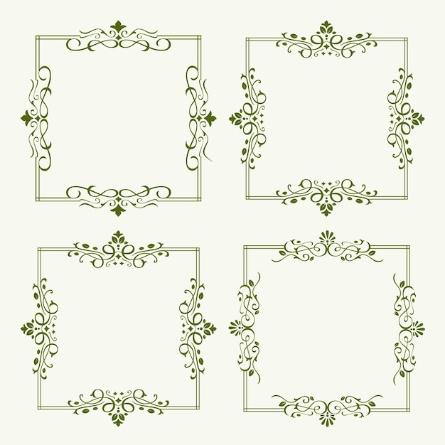 Cuatro marcos cuadrados con hojas verdes sobre un fondo blanco.