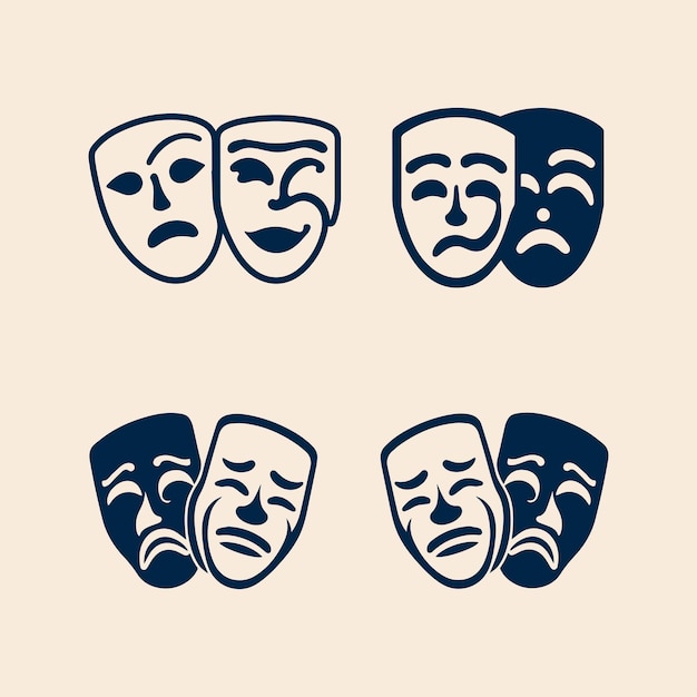 Cuatro máscaras con caras tristes Las máscaras son azules y negras