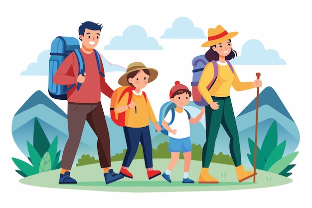 Cuatro miembros felices de la familia, padres e hijos, caminan alegremente por las montañas soleadas, sonriendo y disfrutando de su aventura al aire libre.