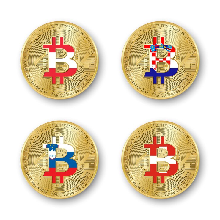 Vector cuatro monedas de oro de bitcoin con banderas de austria, croacia, eslovenia y suiza iconos de criptomonedas vectoriales aislados en fondo blanco símbolo de tecnología blockchain