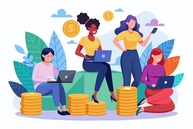 Vector cuatro mujeres colaboran en una oficina brillante usando computadoras portátiles y teléfonos inteligentes mientras se sientan en pilas de monedas empleadas de oficina mujeres sentadas en monedas ilustración plana