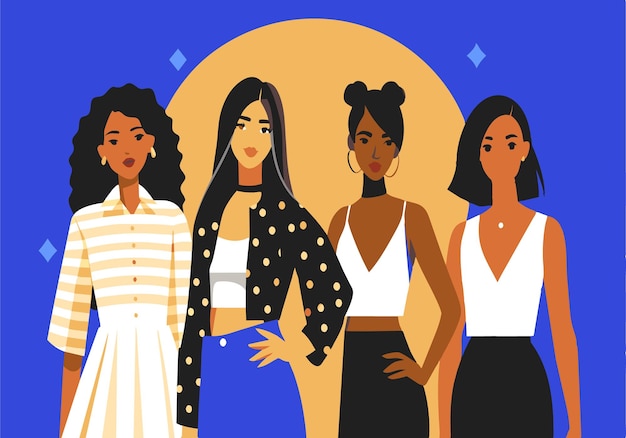 Cuatro mujeres están de pie en una fila cada una con un traje diferente