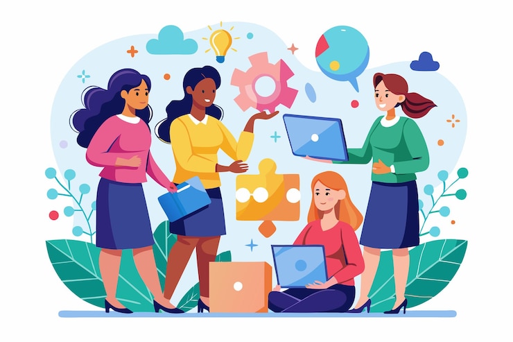 Vector cuatro mujeres trabajan juntas en una oficina usando computadoras portátiles y lluvia de ideas para abordar un problema.