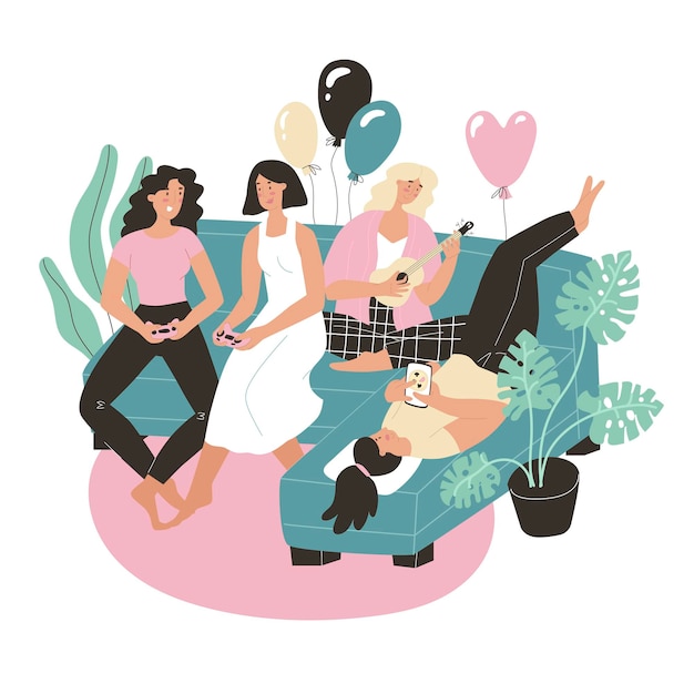 Cuatro niñas celebrando un cumpleaños La gente está sentada en el sofá Ilustración vectorial