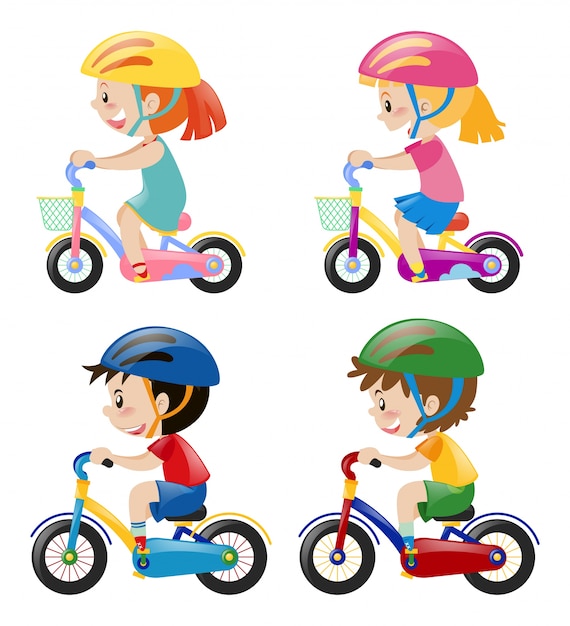 Vector cuatro niños montando bicicleta sobre fondo blanco