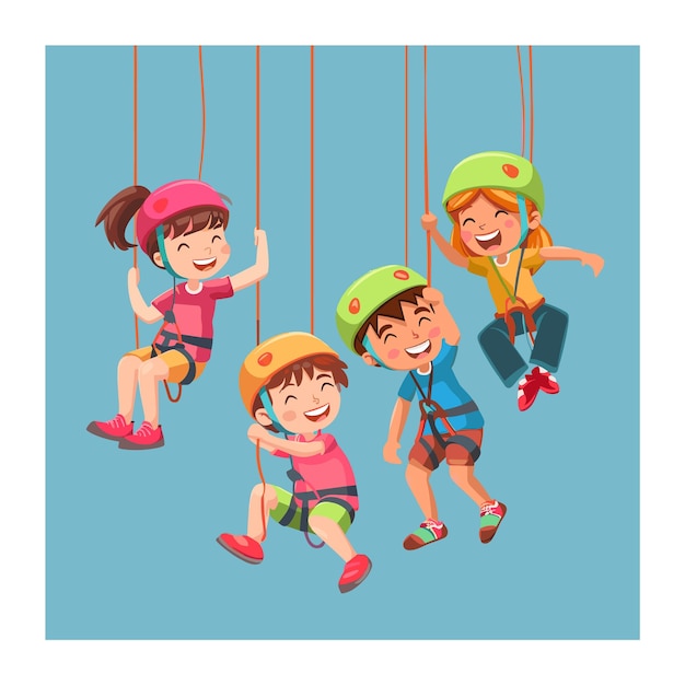 Cuatro niños que usan cascos de seguridad arneses disfrutan de la actividad de escalada en roca interior felicidad