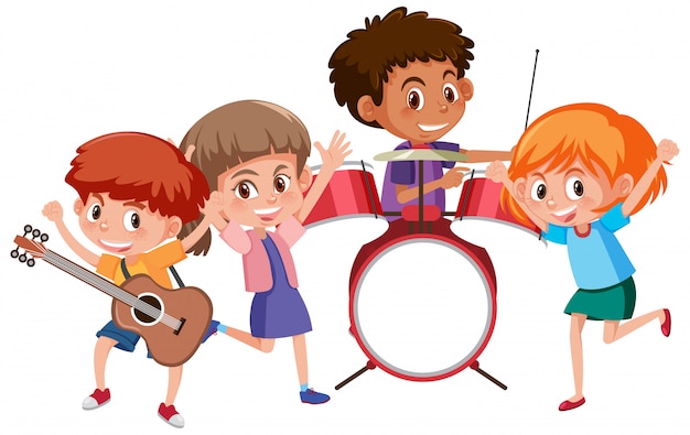 Vector cuatro niños tocando música en banda