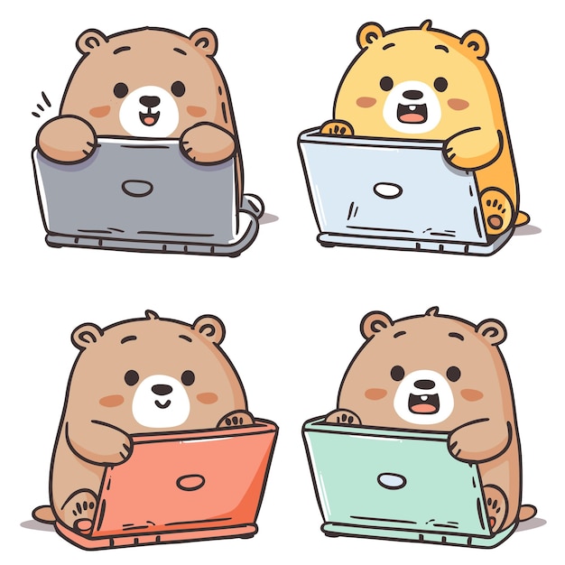 Cuatro osos de dibujos animados con portátiles de diferentes colores que expresan varias emociones