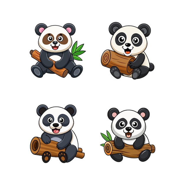 cuatro osos panda en un coche de juguete con un tronco en el medio