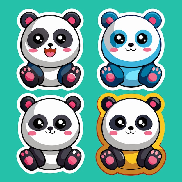 Cuatro osos panda de dibujos animados con trajes de diferentes colores