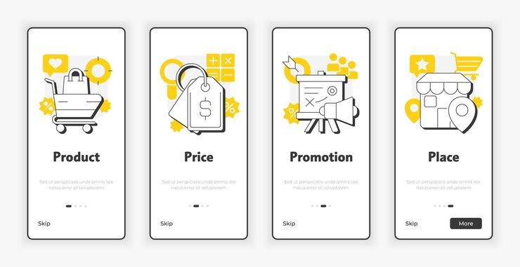 Vector cuatro p de la mezcla de marketing de la pantalla de incorporación móvil
