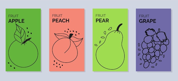 Cuatro pancartas con ilustraciones de contorno de frutas pera melocotón manzana uvas