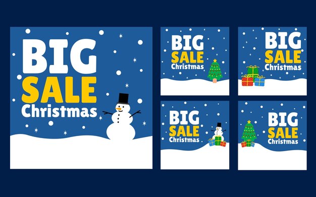 Cuatro pancartas de venta de Navidad con muñecos de nieve árboles de Navidad y regalos