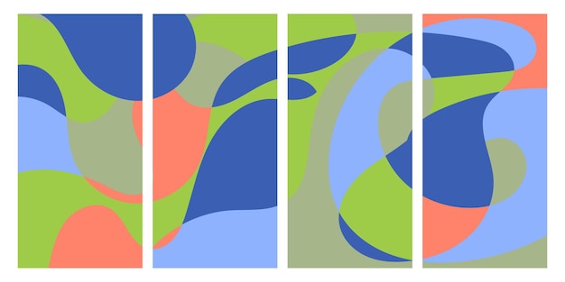Cuatro paneles verticales con formas abstractas en azul, verde y naranja