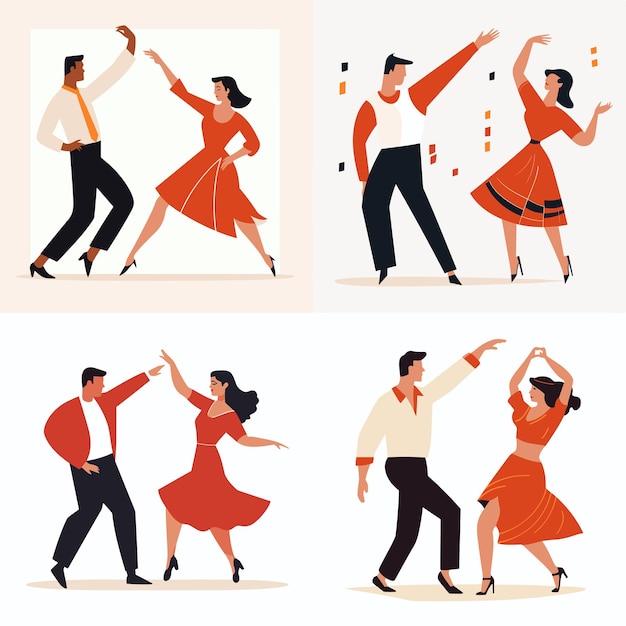 Vector cuatro parejas en diferentes posturas bailando salsa tango hombres mujeres vestidos de baile de estilo vintage