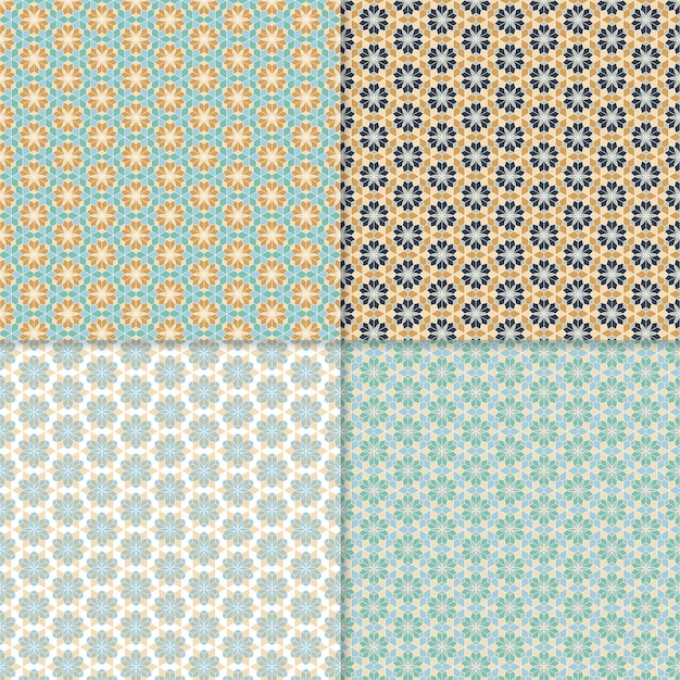 Cuatro patrones geométricos sin costuras se pueden usar en textiles, papeles de pared, fondo para tarjetas