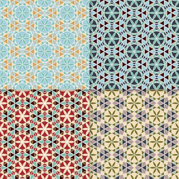 Cuatro patrones geométricos sin costuras se pueden usar en textiles, papeles de pared, fondo para tarjetas