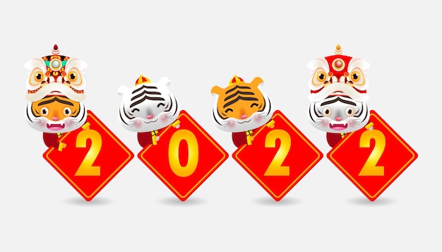 Cuatro pequeños tigres con un cartel dorado feliz año nuevo 2022 año del zodiaco tigre dibujos animados