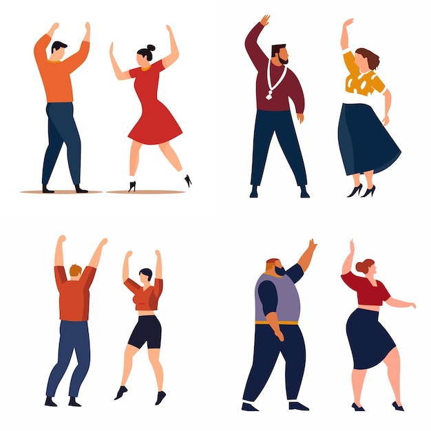 Cuatro personas diversas bailando alegremente dos hombres dos mujeres disfrutando de la fiesta de baile felices adultos de dibujos animados